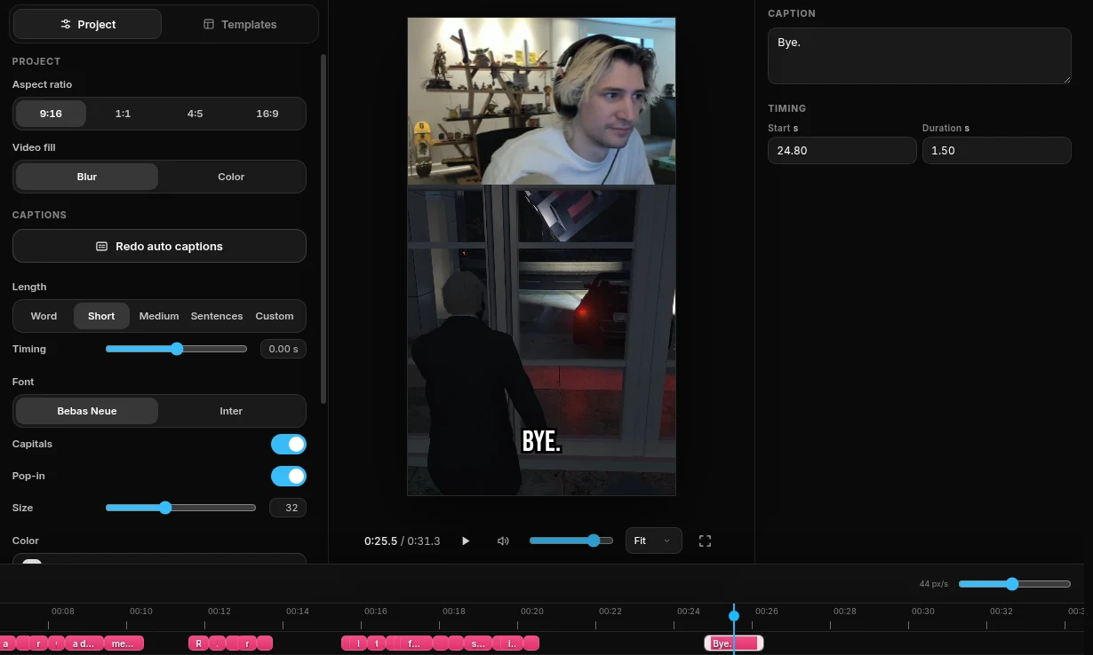 ClipKit's Editor: a vertical clip of xQc with his facecam on top, the caption 'BYE.' on the video, and the captions on the timeline.