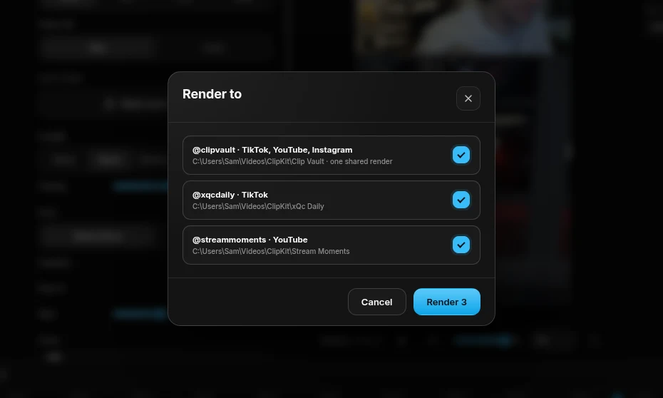 ClipKit's Render to dialog with three accounts ticked: @clipvault, @xqcdaily and @streammoments.